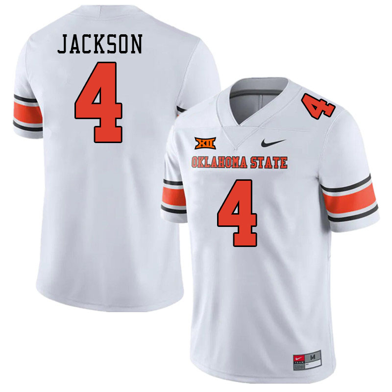 Men #4 Deondre Jackson Oklahoma State Cowboys College Football Jerseys Stitched-White - Click Image to Close